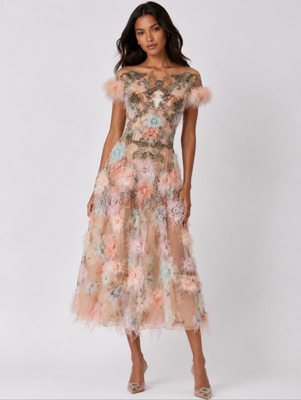Marchesa Feather Embroidered Cocktail Dress Runway Fits Like 2 RARE